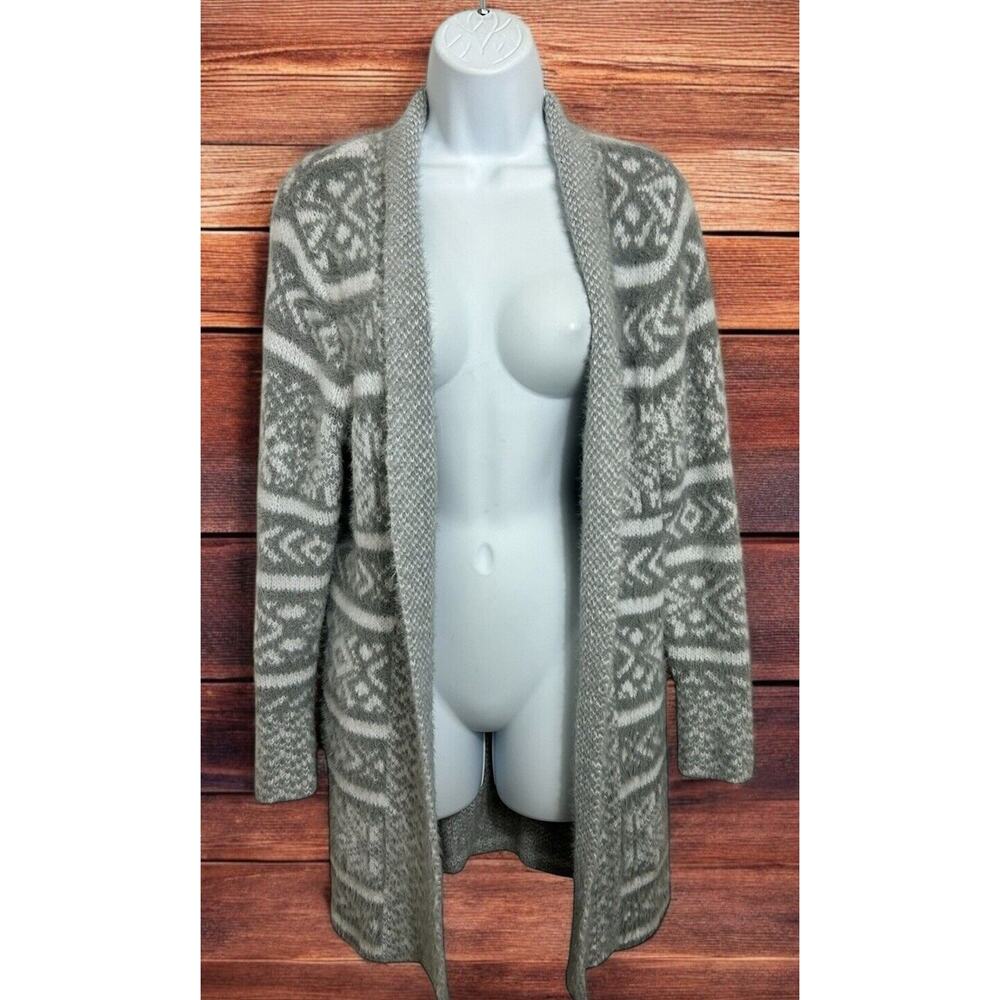 Westport Fuzzy Cardigan Sweater Sz Medium Gray White Fair Isle Long Fit Open